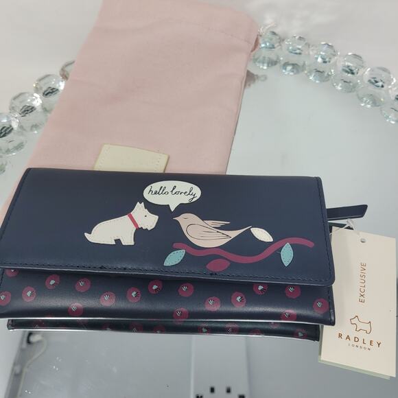 Radley London Fold Over Wallet White Scottie Dog Scottish Terrier Bird Navy Blue - Picture 1 of 7